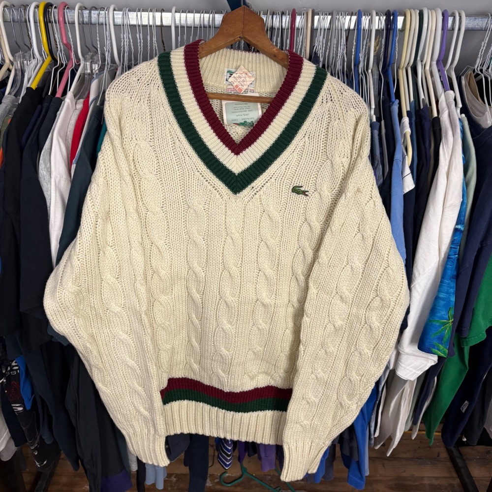 Vintage Izod Lacoste Mens Cable Knit Tennis Sweater V-Neck Cream Striped 2340X L